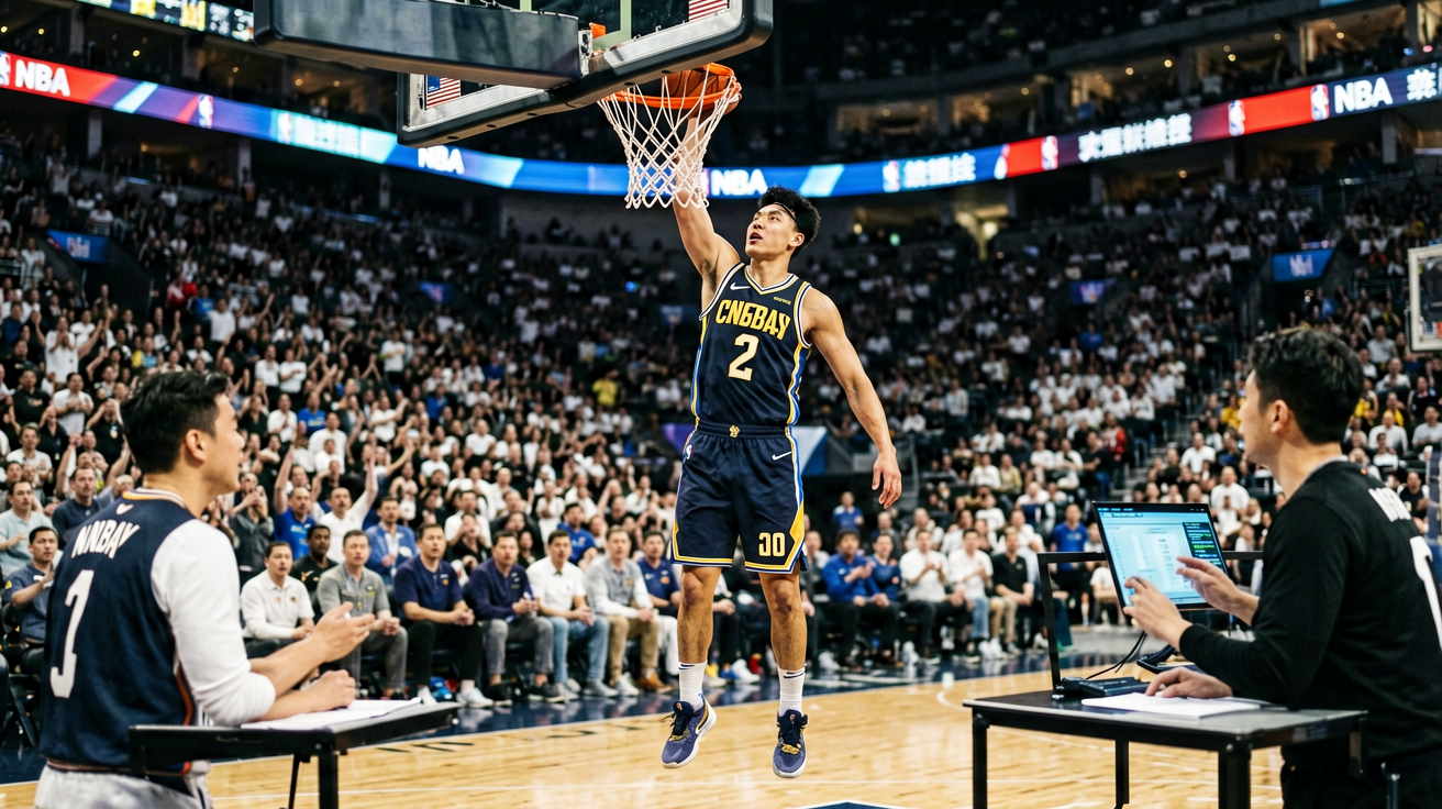 NBA比赛现场，球员扣篮瞬间，激烈的篮球竞技氛围